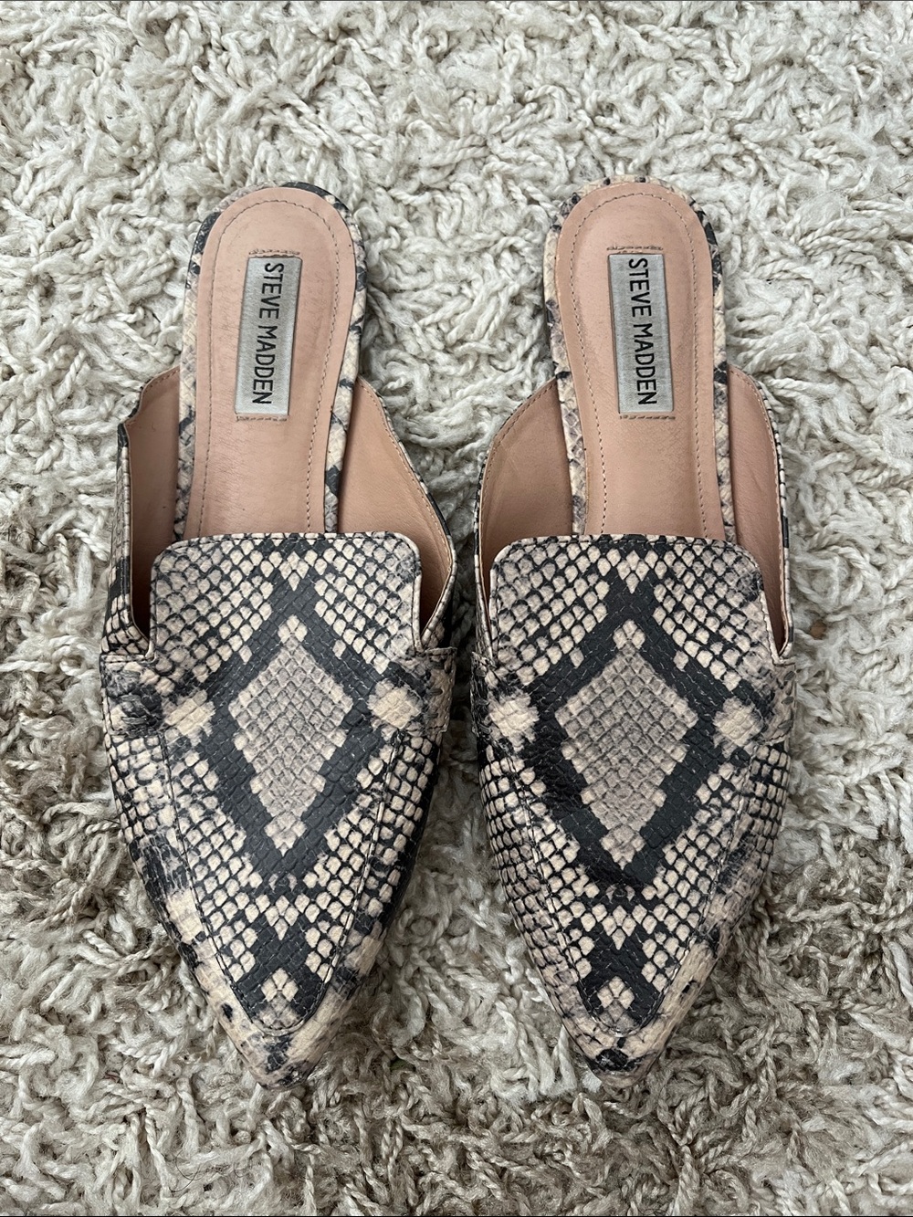Steve Madden Nude and Black Snake-Print Pointed Slip-On Mules